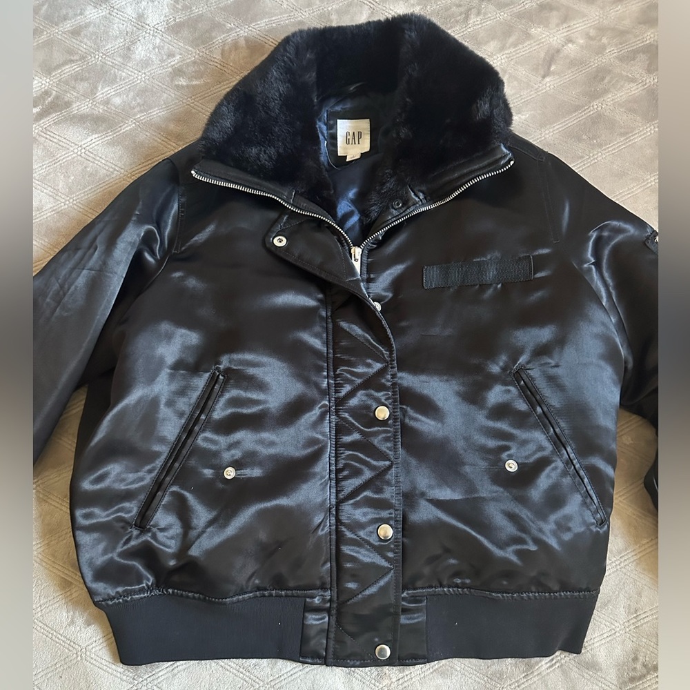 GAP Faux-Fur Lined Satin Bomber Jacket